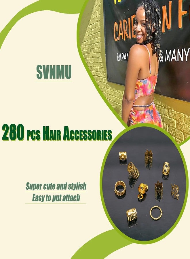 SVNMU مجموعة SVNMU من 280 قطعة من مجوهرات الشعر الذهبية للضفائر والجدائل، مشابك شعر معدنية، إكسسوارات للنساء، أساور شعر قابلة للتعديل، حلقات، دلايات، زينة للضفائر - Image 3